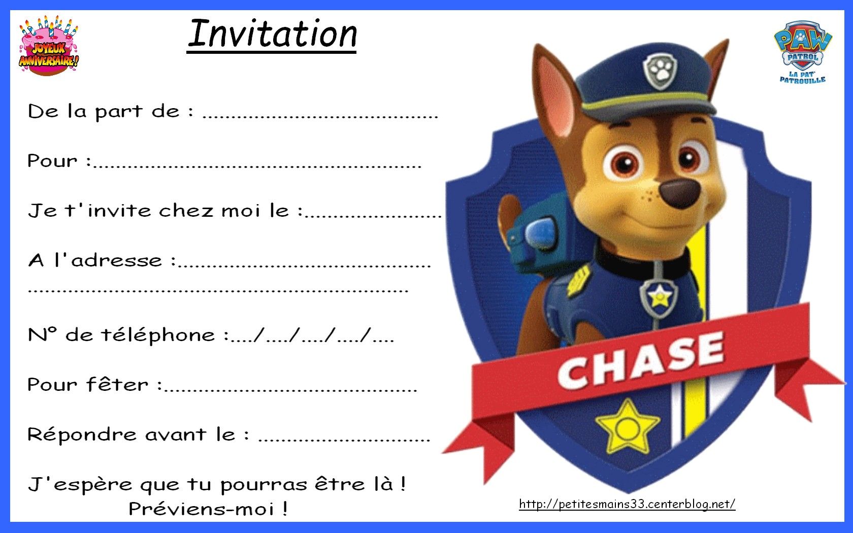 Carte invitation Pat Patrouille 5